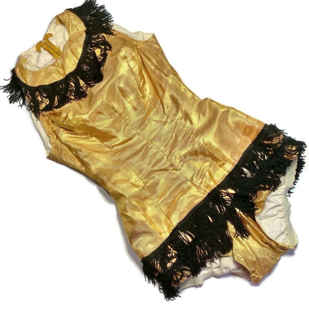 Vtg 60s circus pinup showgirl dance rave festival costume leotard gold fringe OS - Picture 1 of 5